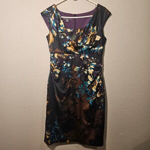 Donna Ricco New York Floral Satin Sheath Dress Sleeveless Blue Purple Formal 10
